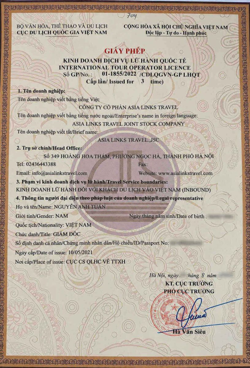International Travel Business Licence of Asia Links Travel